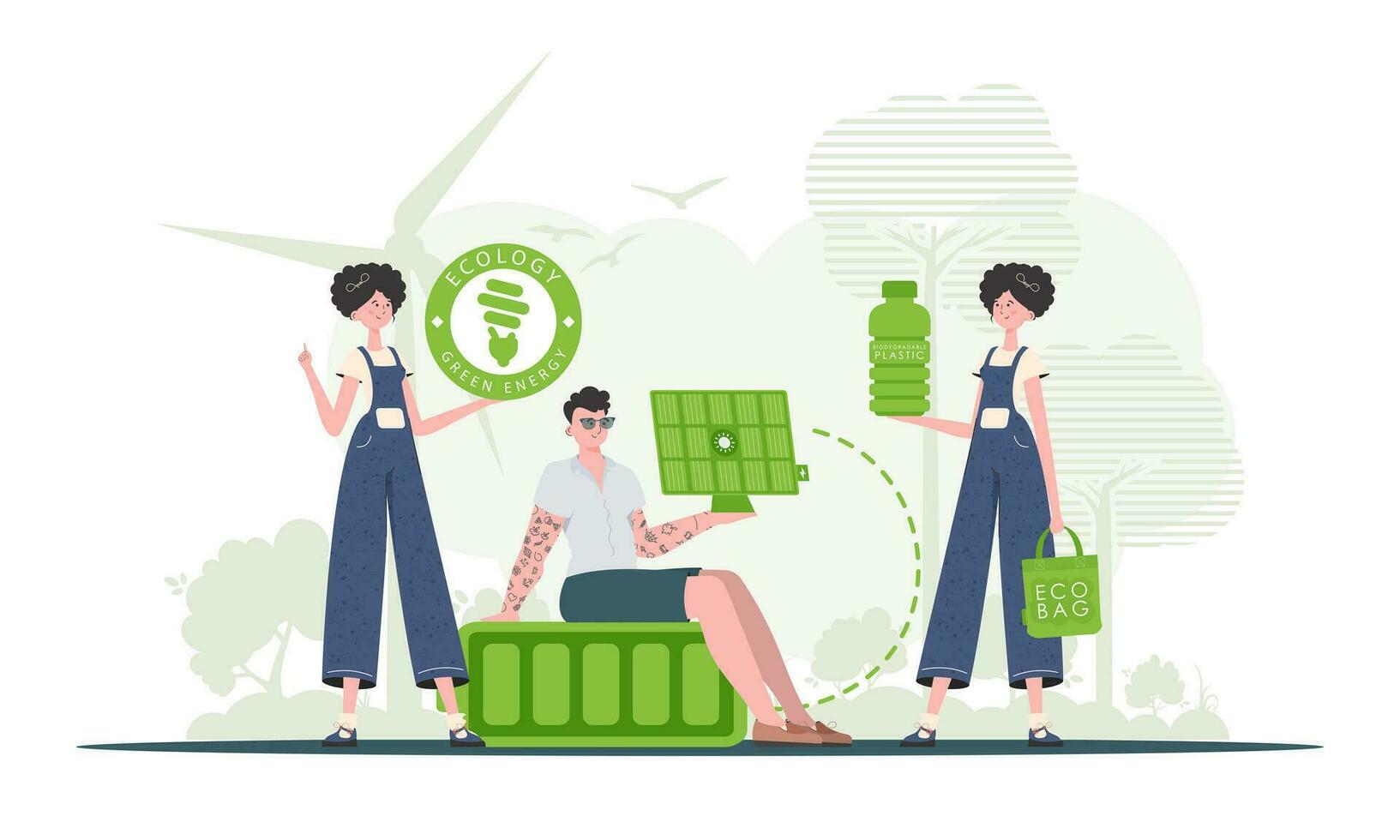 Caring about the environment. ECO friendly People. Fashion trend characters. Vector illustration.