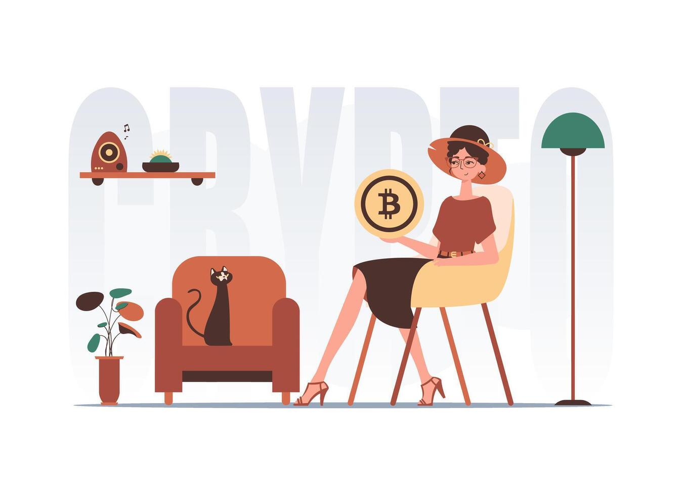 The concept of mining and extraction of bitcoin. A woman sits in a chair and holds a bitcoin coin in her hands. Character with a modern style. vector
