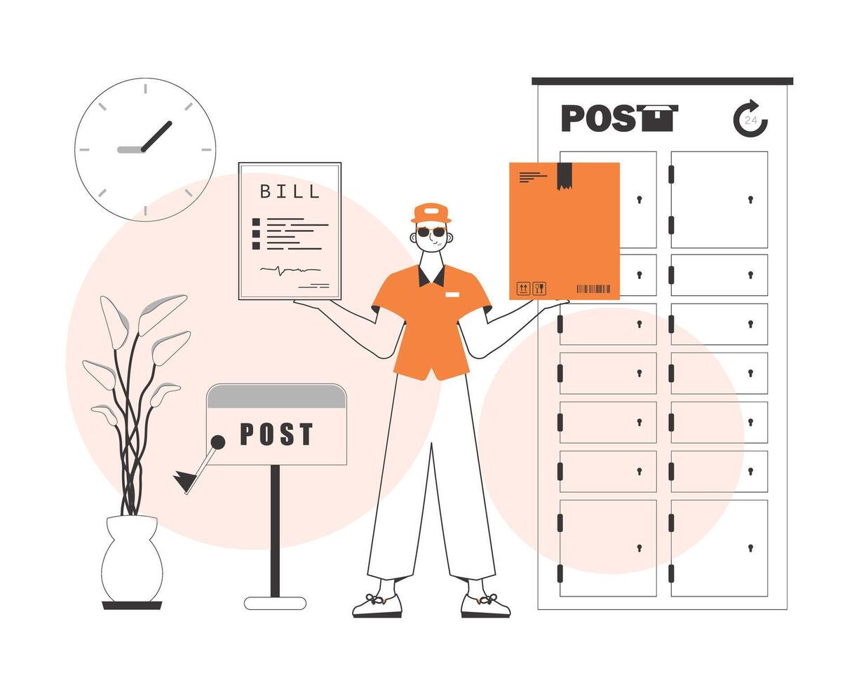 A man holds a parcel and a check in his hands. Parcel delivery concept. Linear modern style. vector