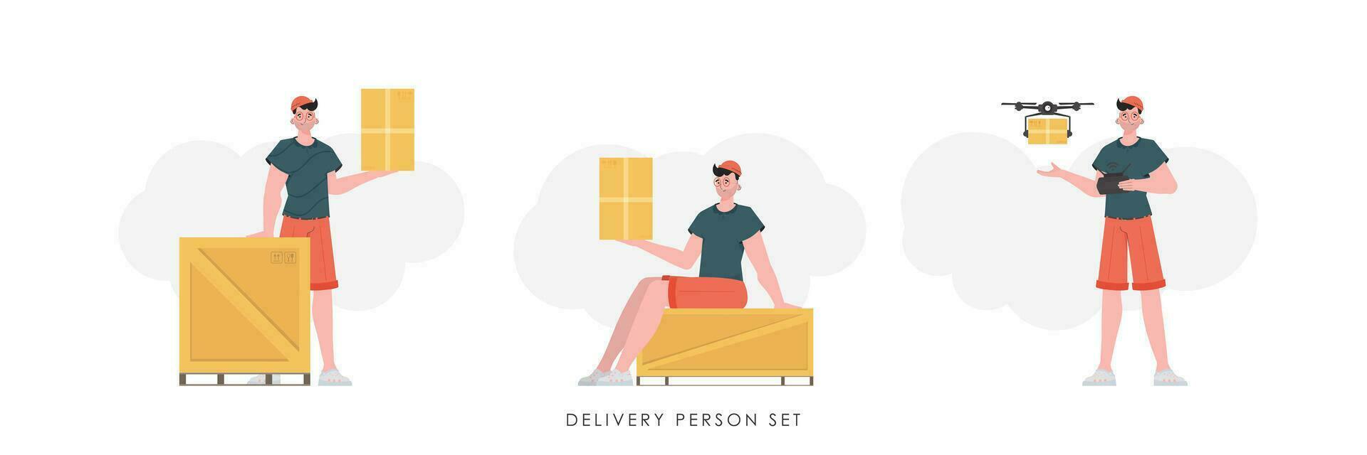 A set of a man with a box and a parcel. The concept of cargo delivery. trendy style. Vector. vector