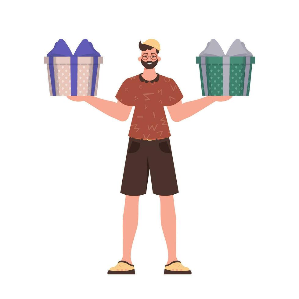 A young guy is holding a gift box. Modern style. Vector. vector