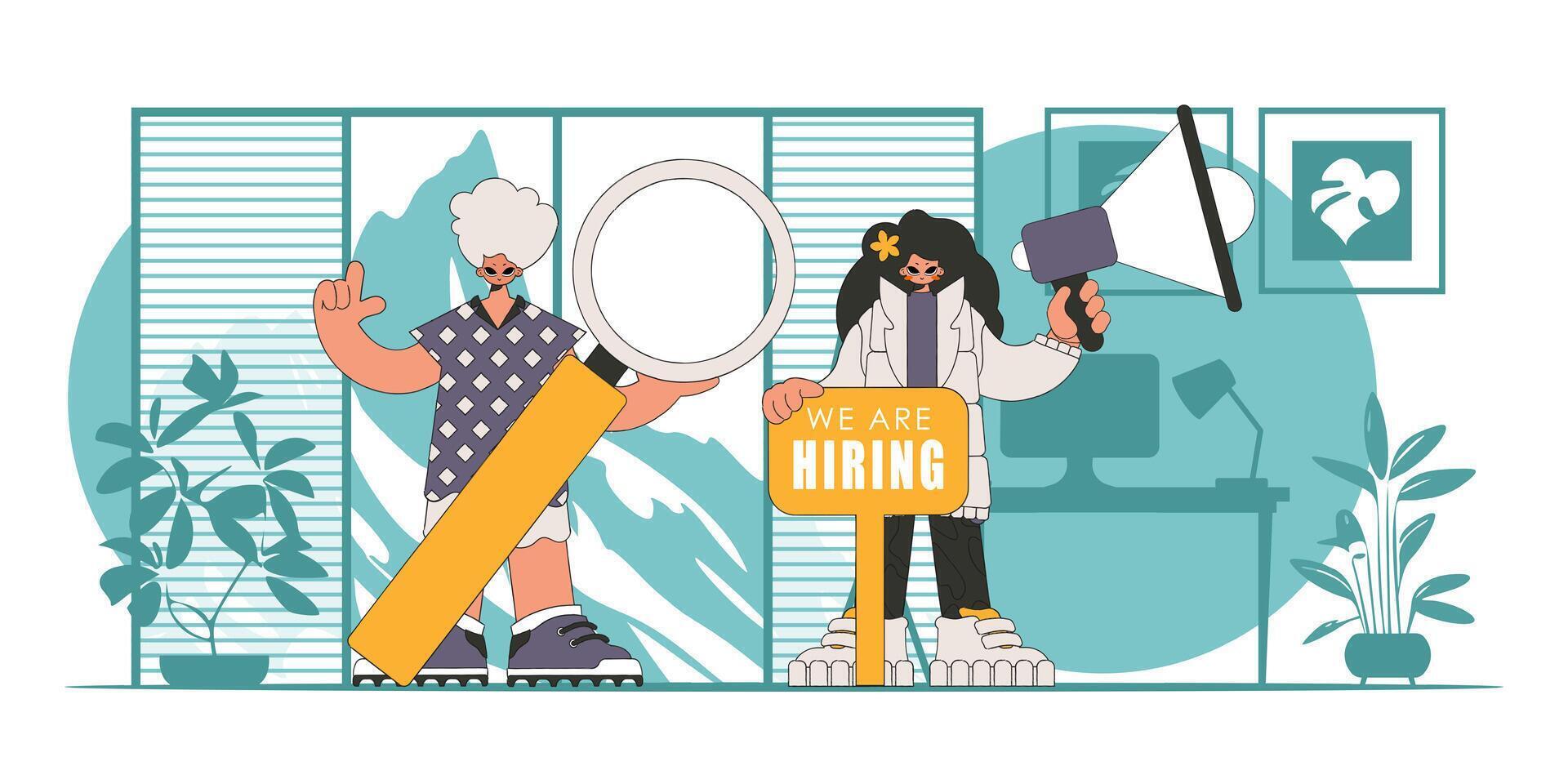 The guy and the girl are HR specialists. Attracting workers. vector