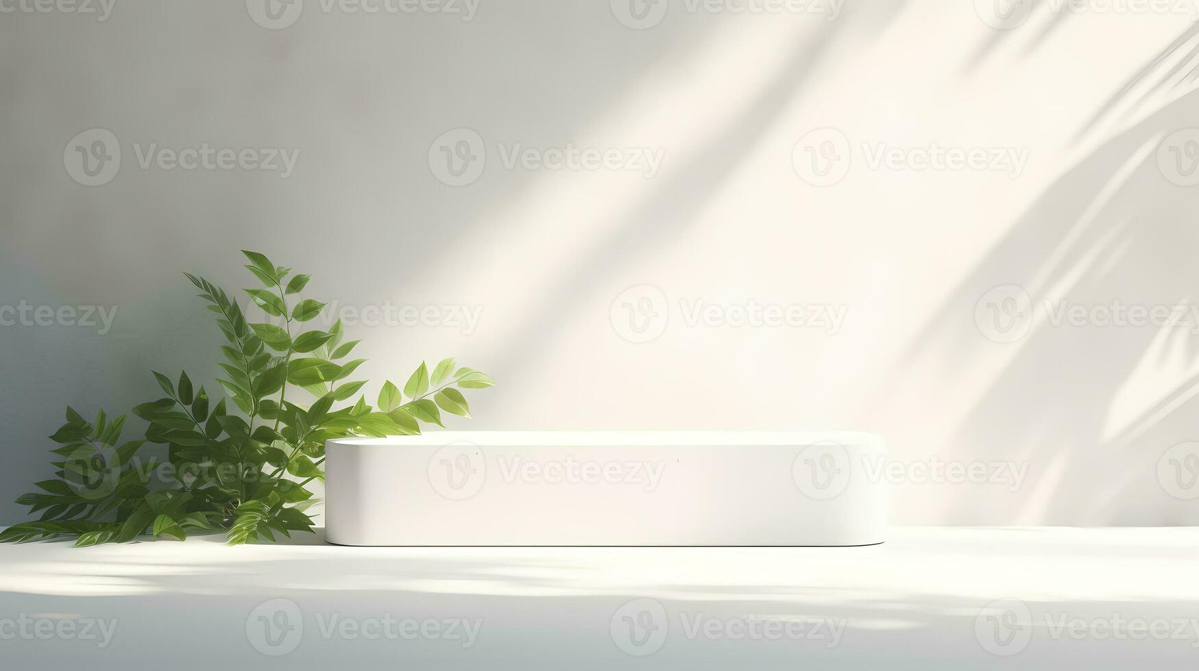 Minimal white podium on white wall background with leaves for advertising product display, product presentation, and product showcase. AI Generative photo