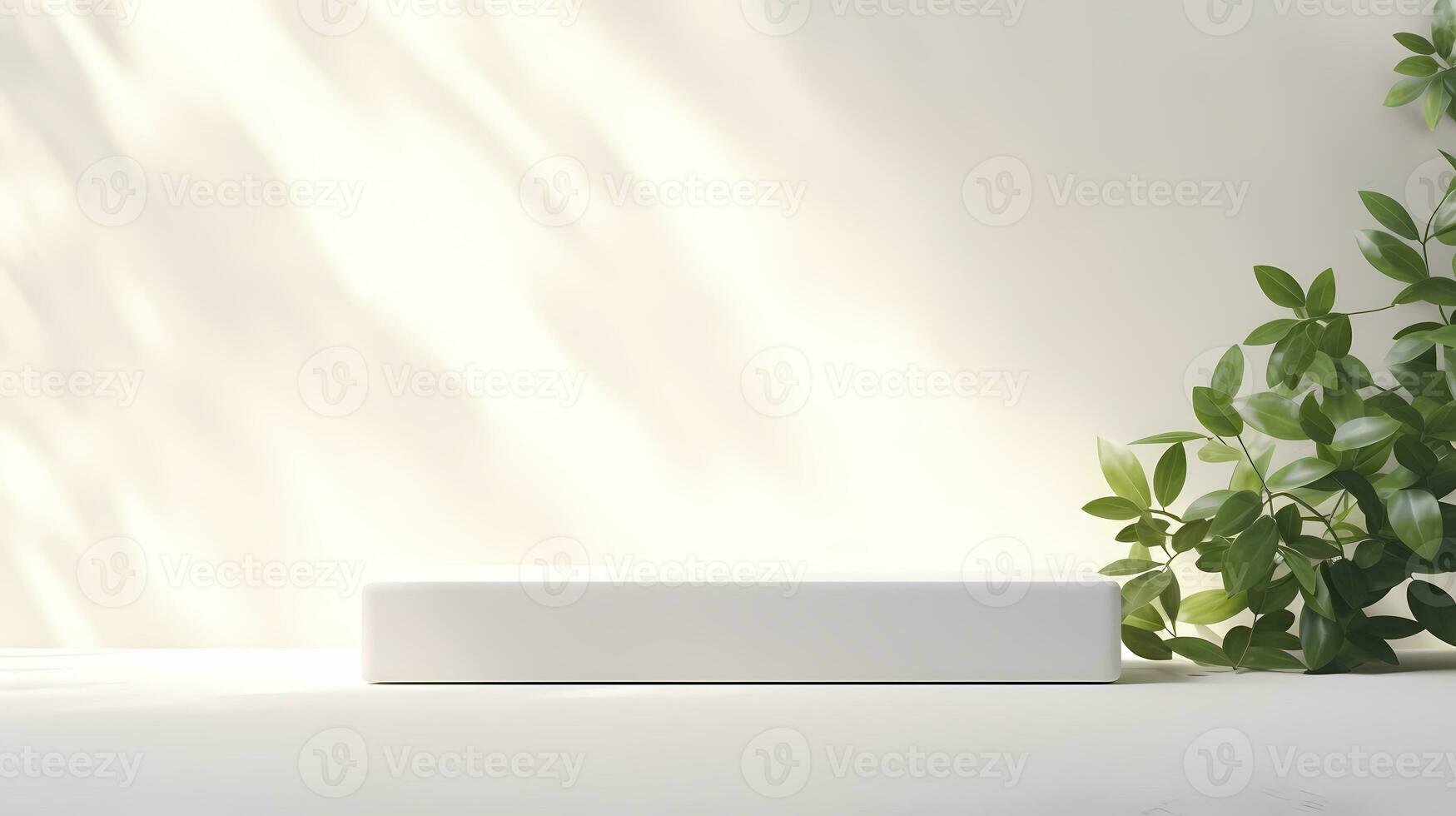 Minimal white podium on white wall background with leaves for advertising product display, product presentation, and product showcase. AI Generative photo