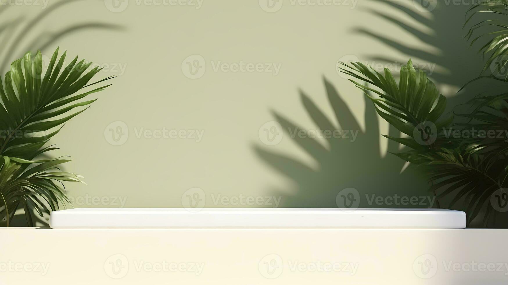 Empty podium with palm tree and green background. Background scene for product exhibition. AI Generative photo