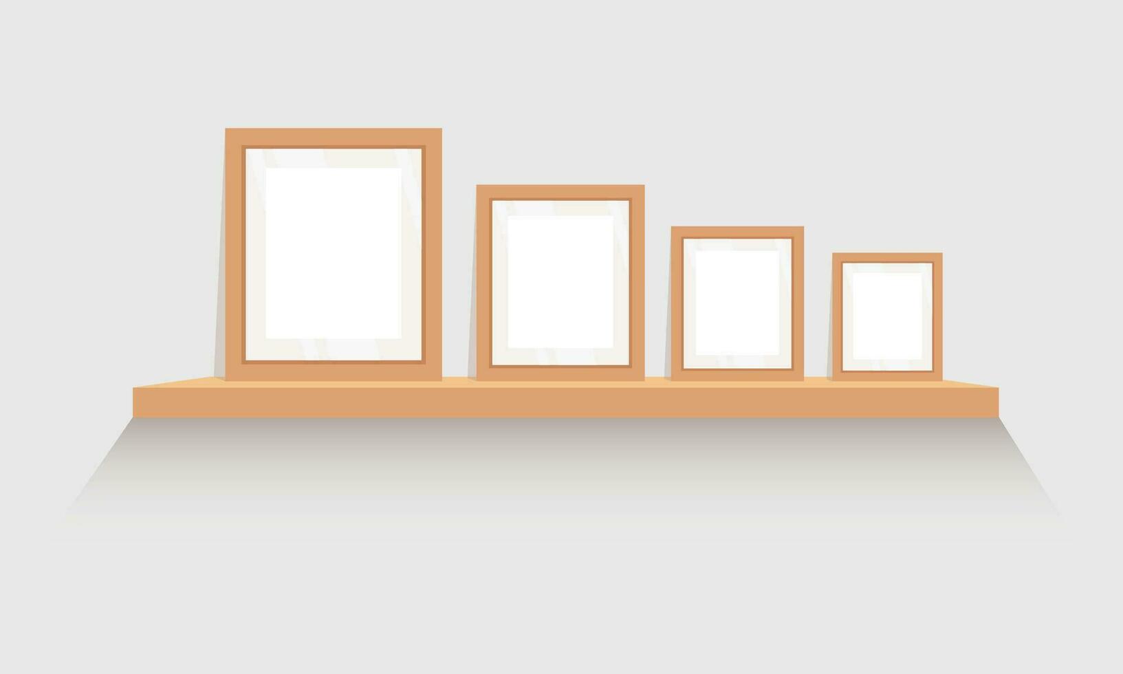 Vector blank photo frames mockup stand on shelf. brown and white empty photo frames templates on bookshelf