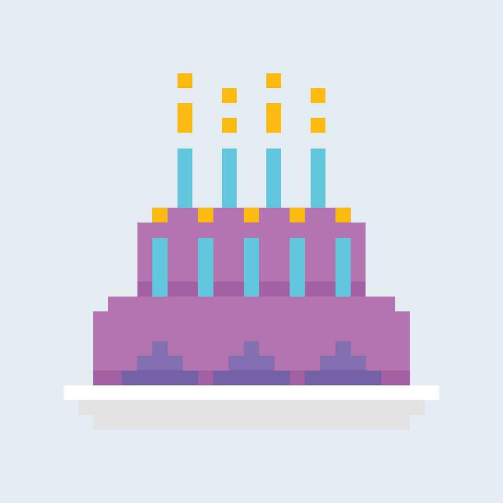 Vector 8 bit pixel birthday cake food item for game assets in vector illustration