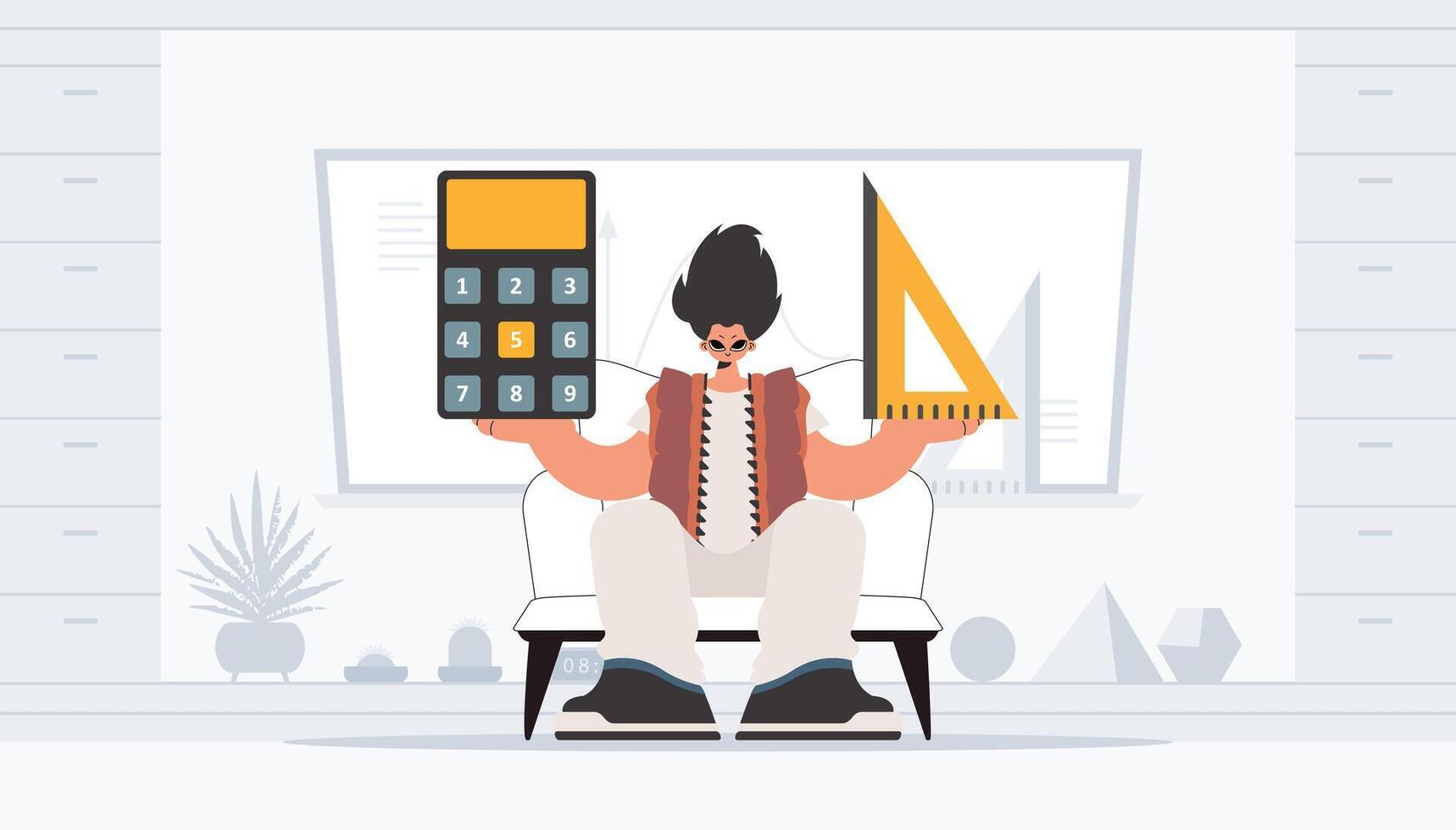 The individual is holding a ruler and a calculator, learning subject. Trendy style, Vector Illustration