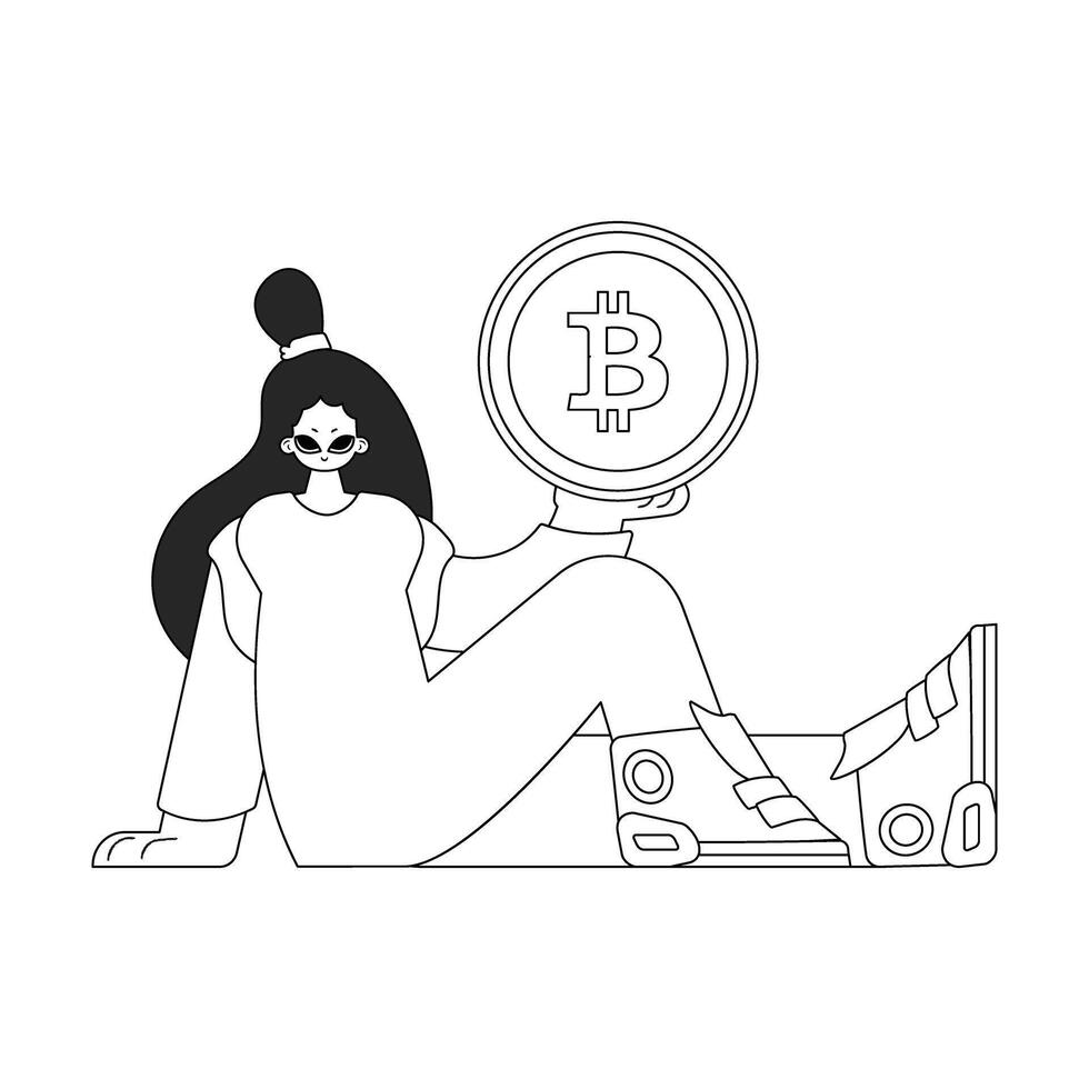 A unique woman is holding a bitcoin coin. Linear black and white style. vector