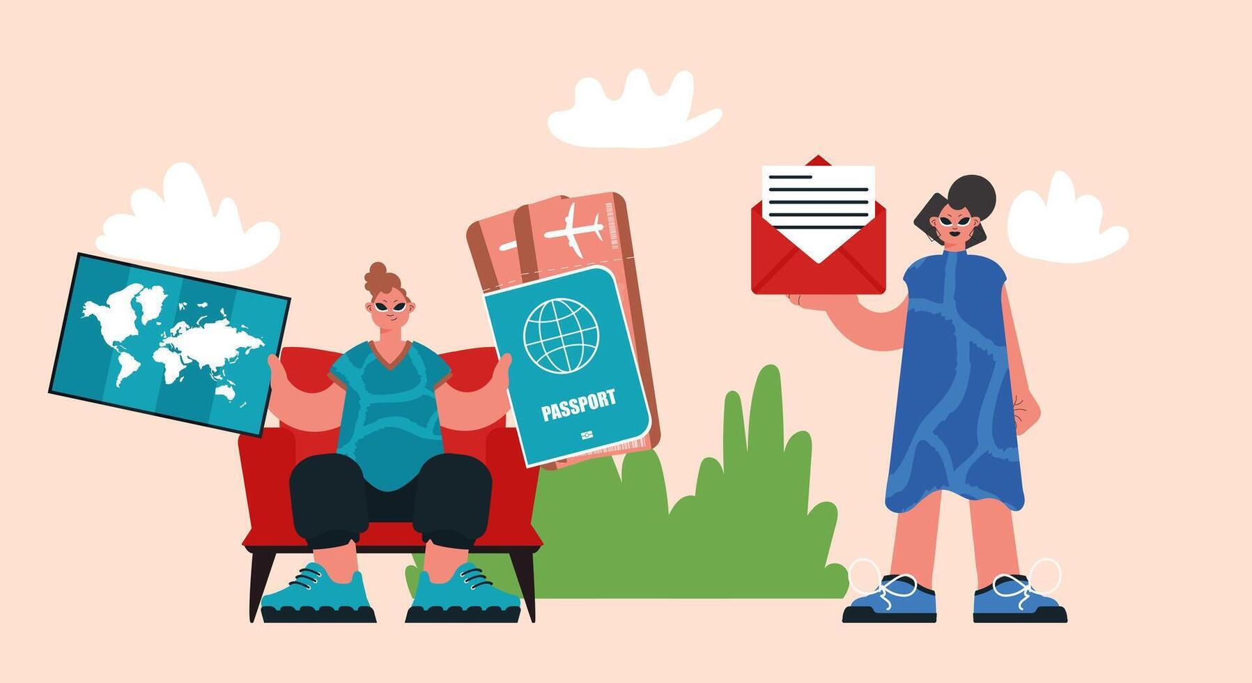 A man and woman sitting on a chair holding a letter and a globe vector