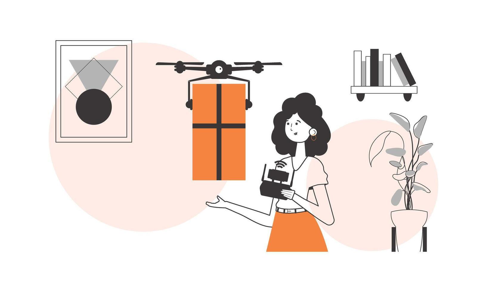 The girl delivers the package by drone. Drone delivery concept. Linear style. vector