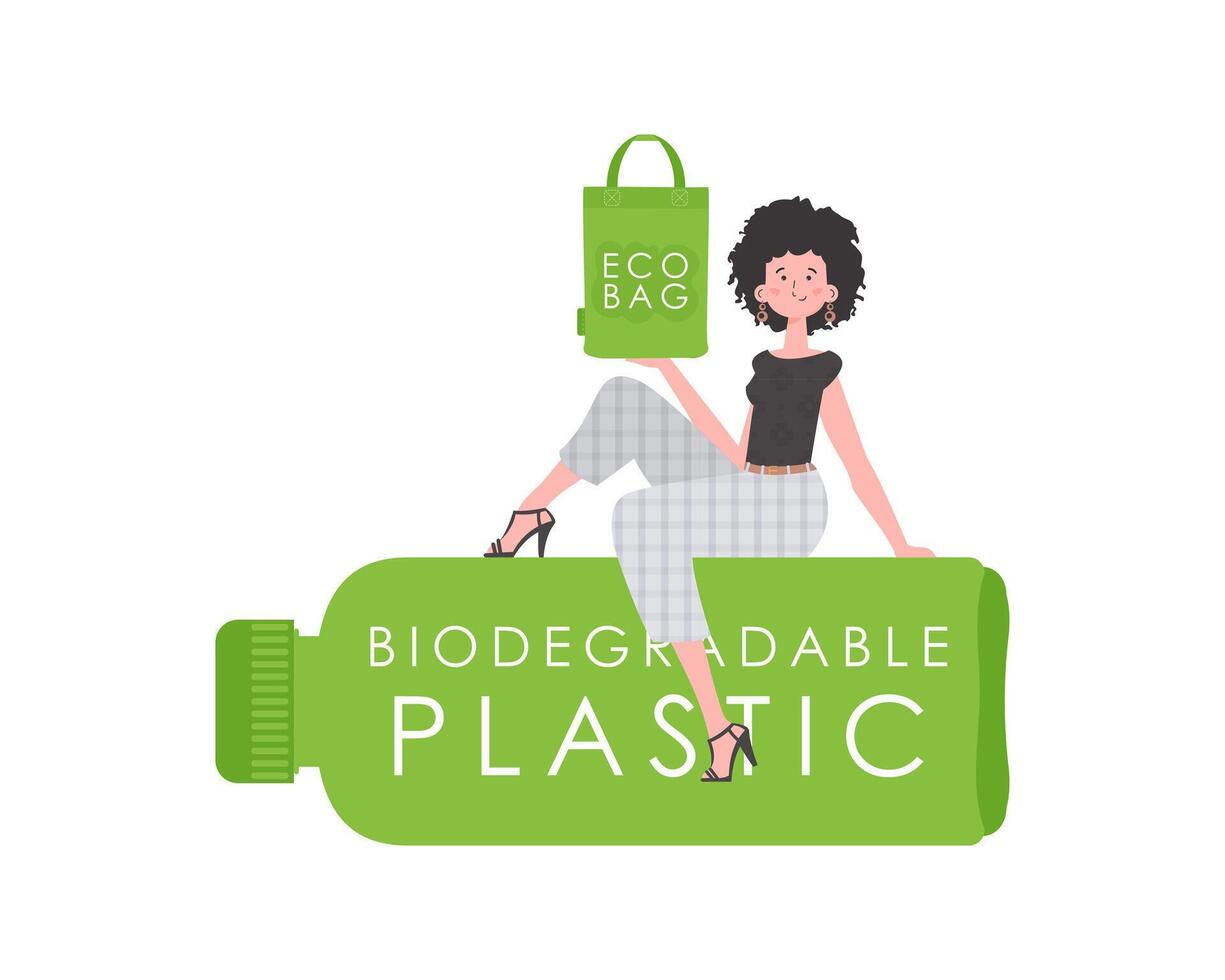 A woman sits on a bottle made of biodegradable plastic and holds an ECO BAG in her hands. Concept of green world and ecology. Isolated. Trend style.Vector illustration. vector