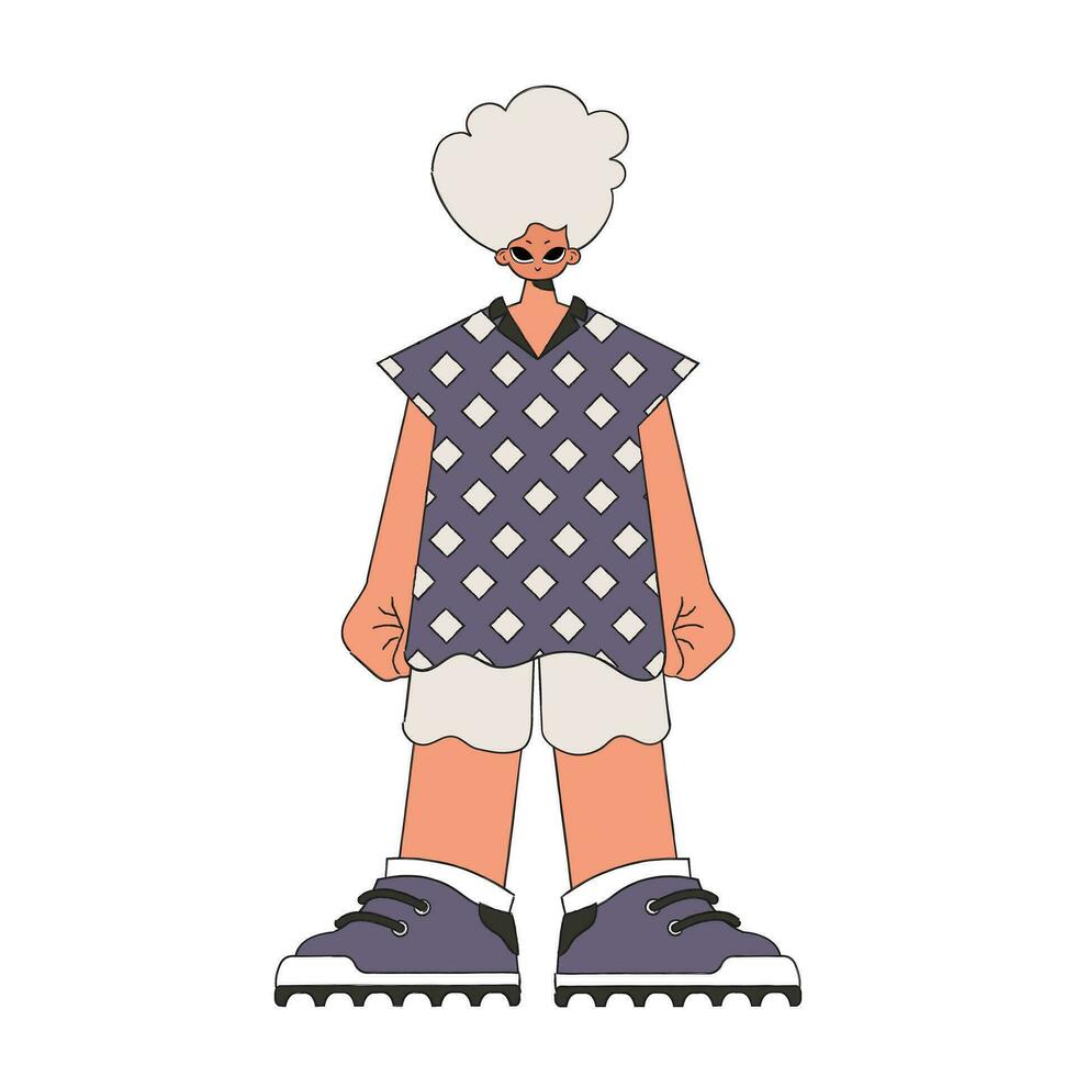 A guy with blonde hair, a gray T-shirt and beige shorts. vector