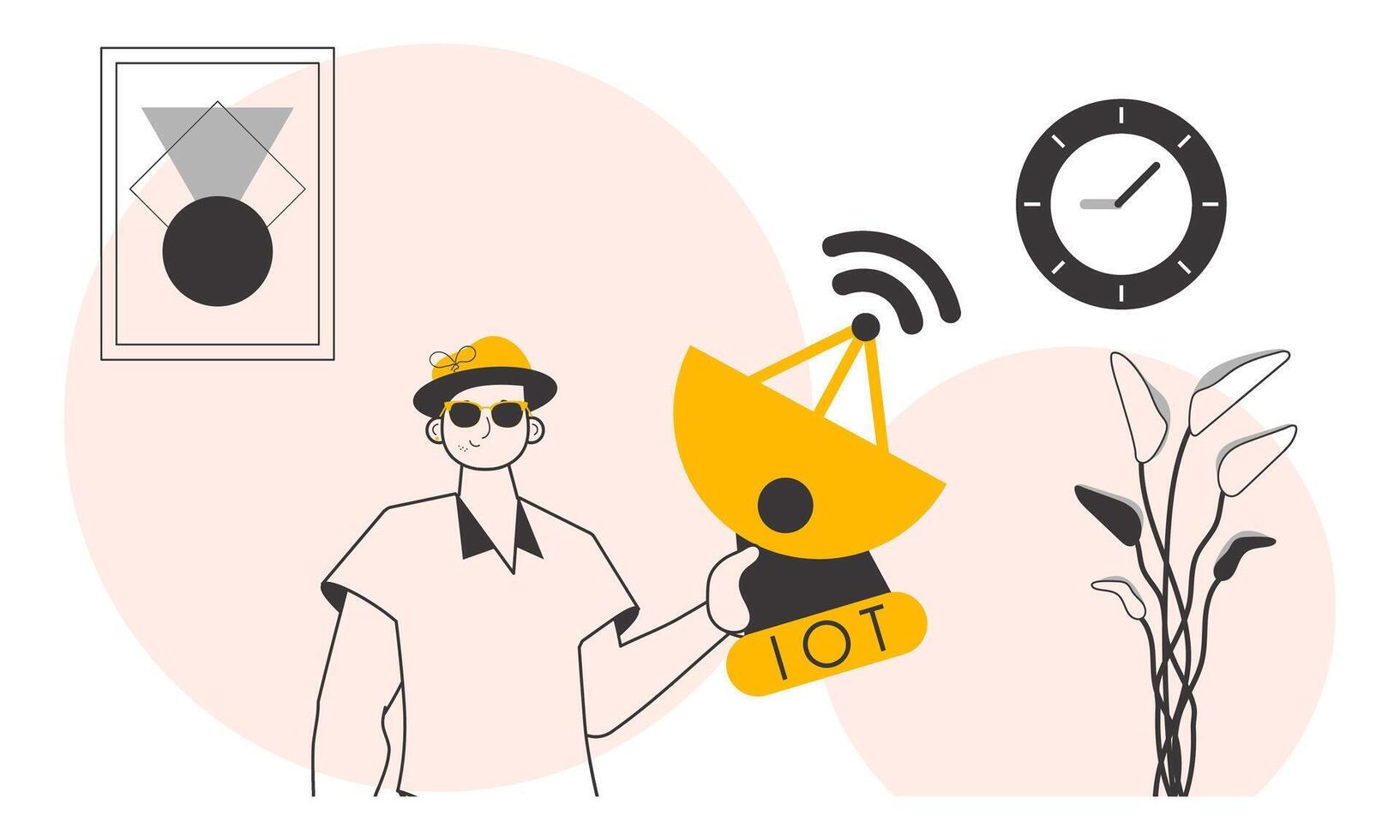 A man holds the internet of things logo in his hands. Trend lineart style. . vector