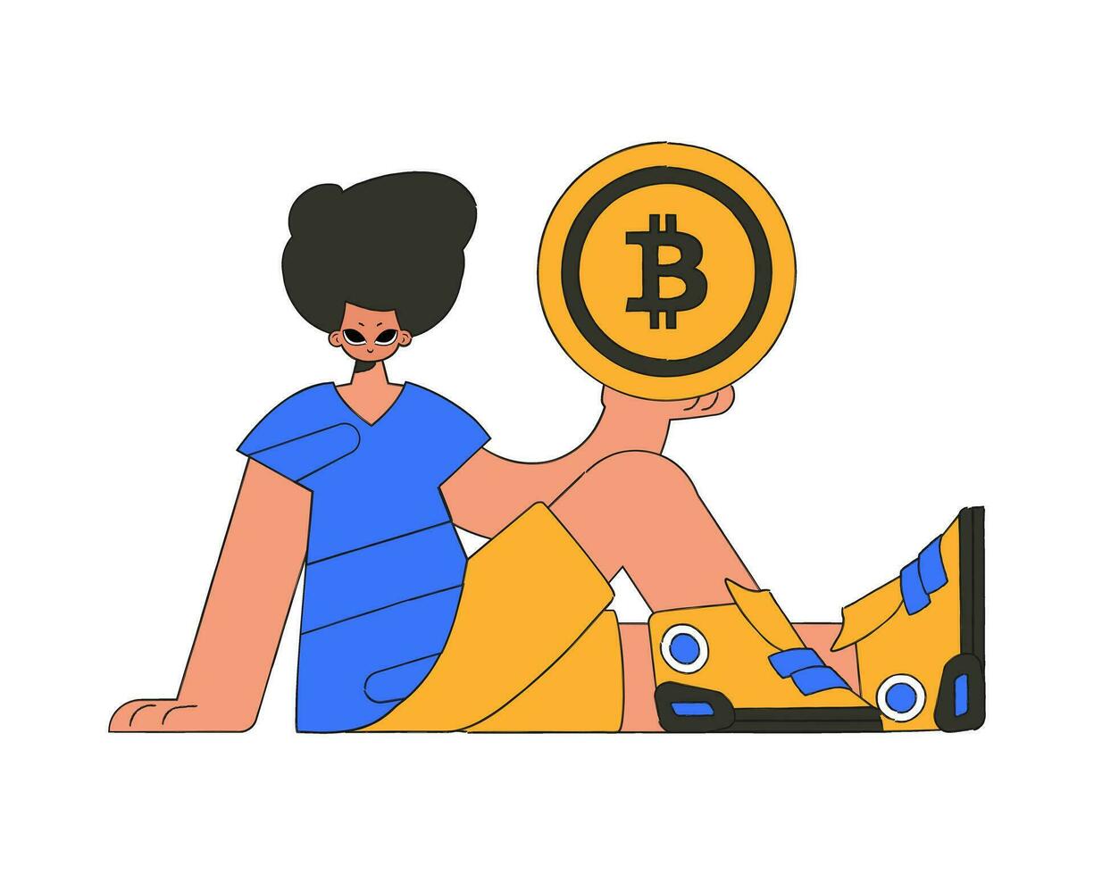 The guy is holding bitcoin. Rentro style character. vector