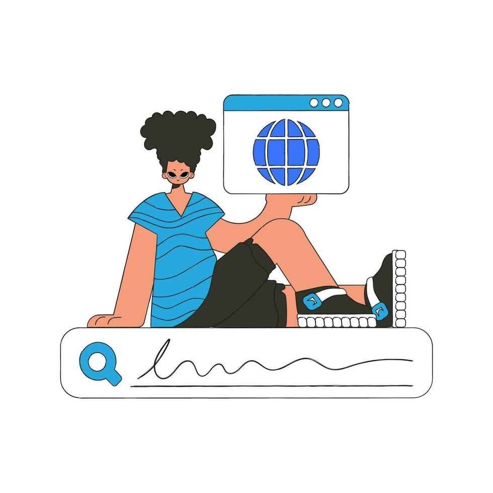 A man sits on a search bar and holds a browser window in his hands. Search for information. Linear retro style character. vector