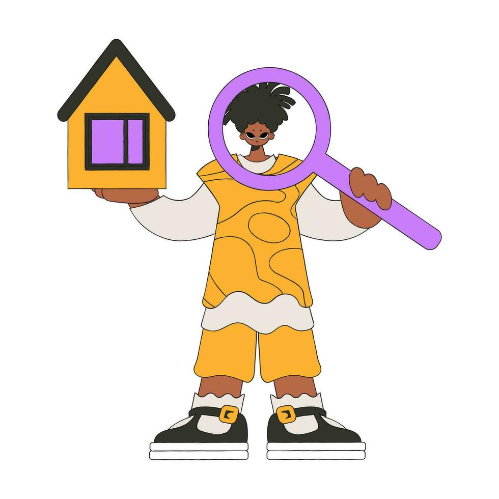 A male realtor holds a house and a magnifying glass in his hands. Home ownership. vector