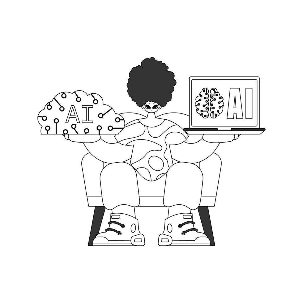 A black and white illustration of a person sitting on a chair with a laptop vector
