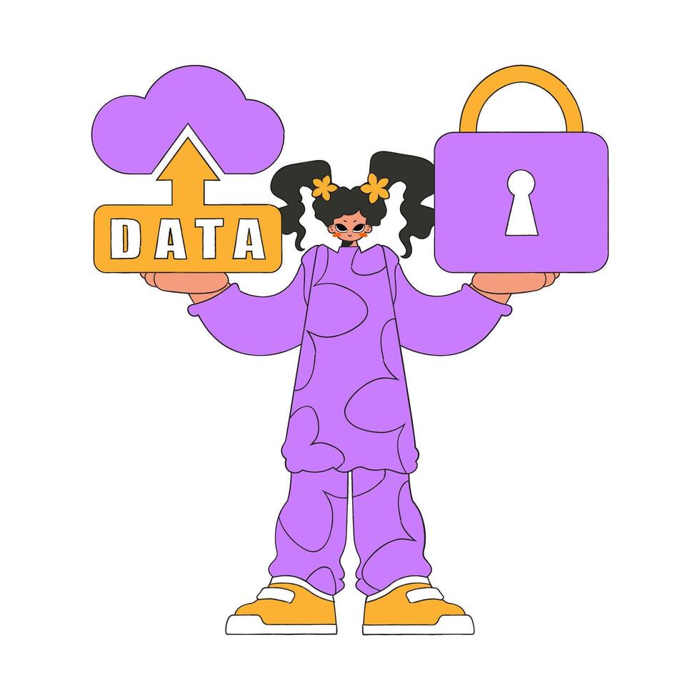 Girl with cloud storage and a lock to secure it. vector