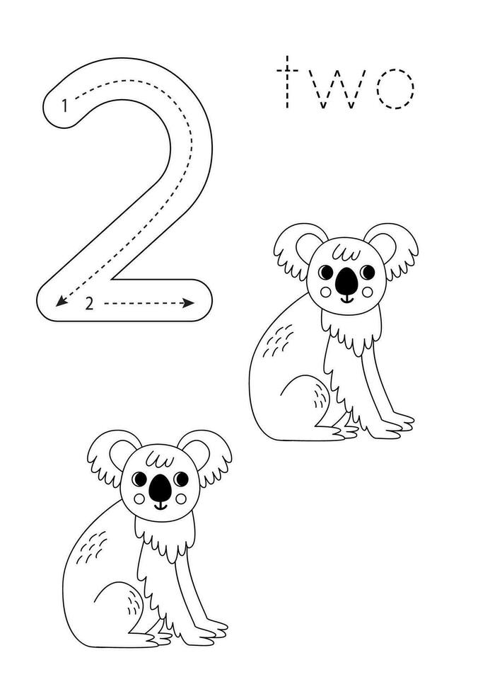 Flashcard number 2. Preschool worksheet. Cute cartoon koala. vector