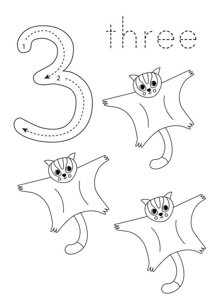Flashcard number 3. Preschool worksheet. Cute cartoon sugar glider. vector