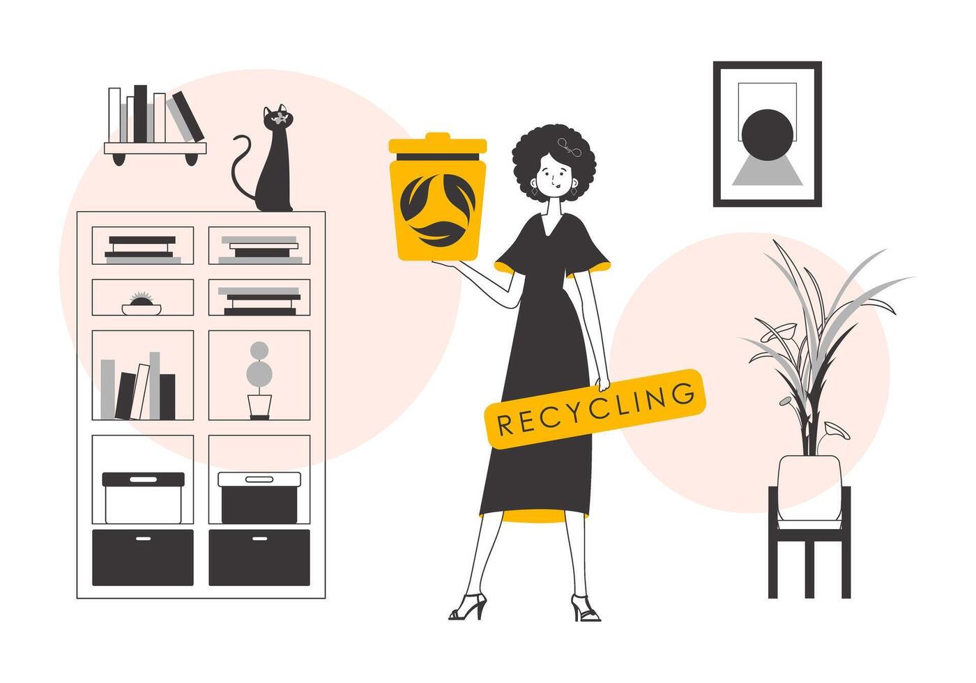The girl is holding a trash can. Waste recycling concept. Lineart trendy style. vector