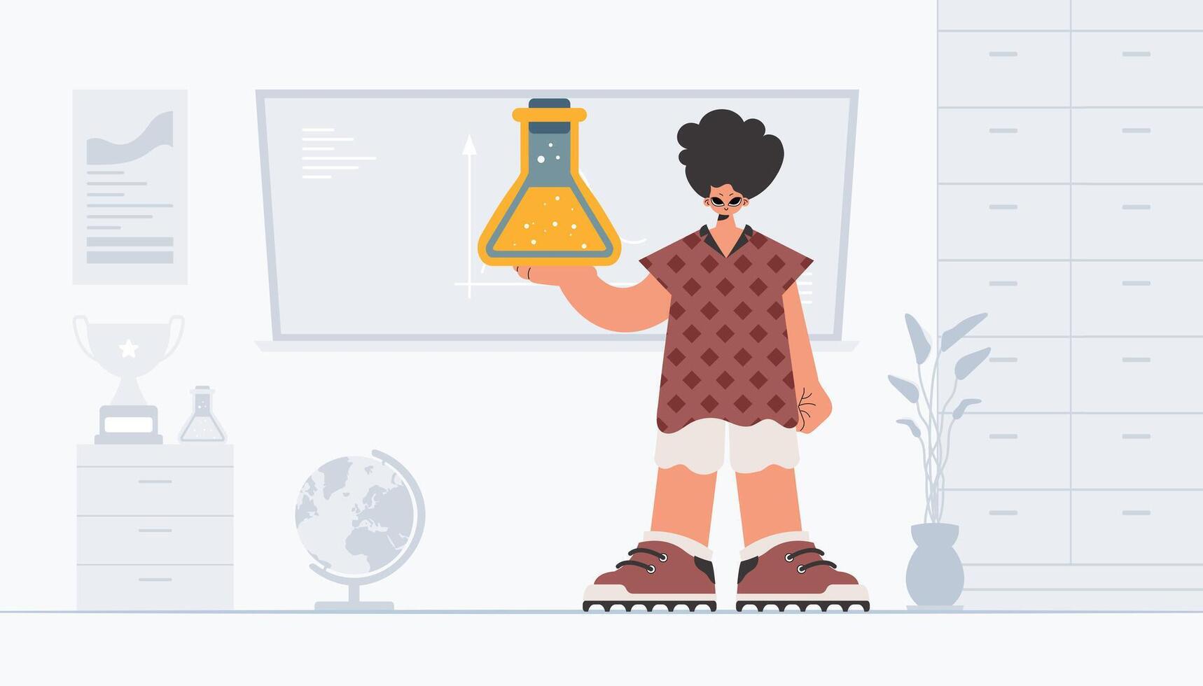 A cartoon man holding a test tube in front of a whiteboard vector