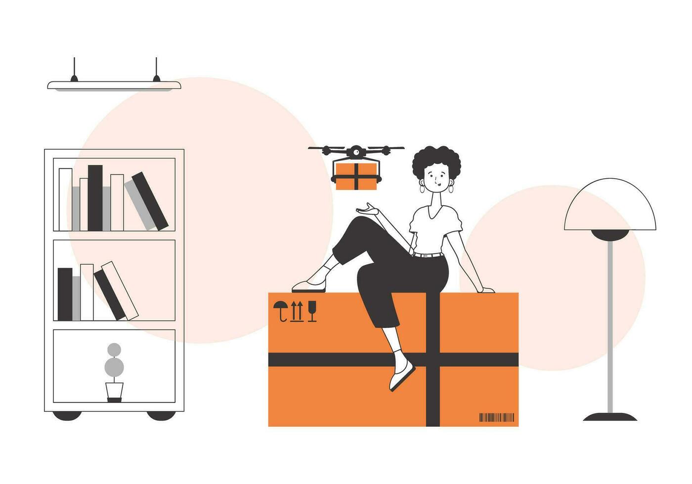 The girl sends a parcel with a drone. Drone delivery concept. Linear trendy style. vector