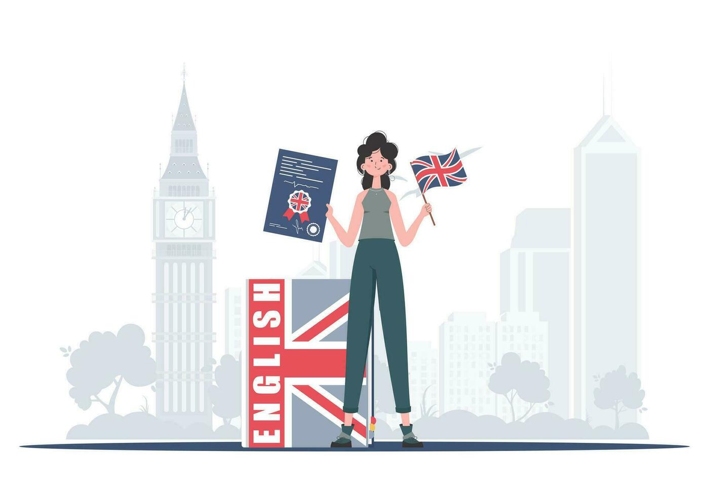 The concept of learning English. Woman teacher shows that it's time to learn English. trendy style. Vector illustration.