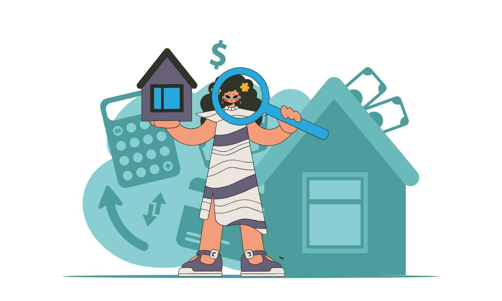 The concept of home ownership. Realtor girl holding a house. vector