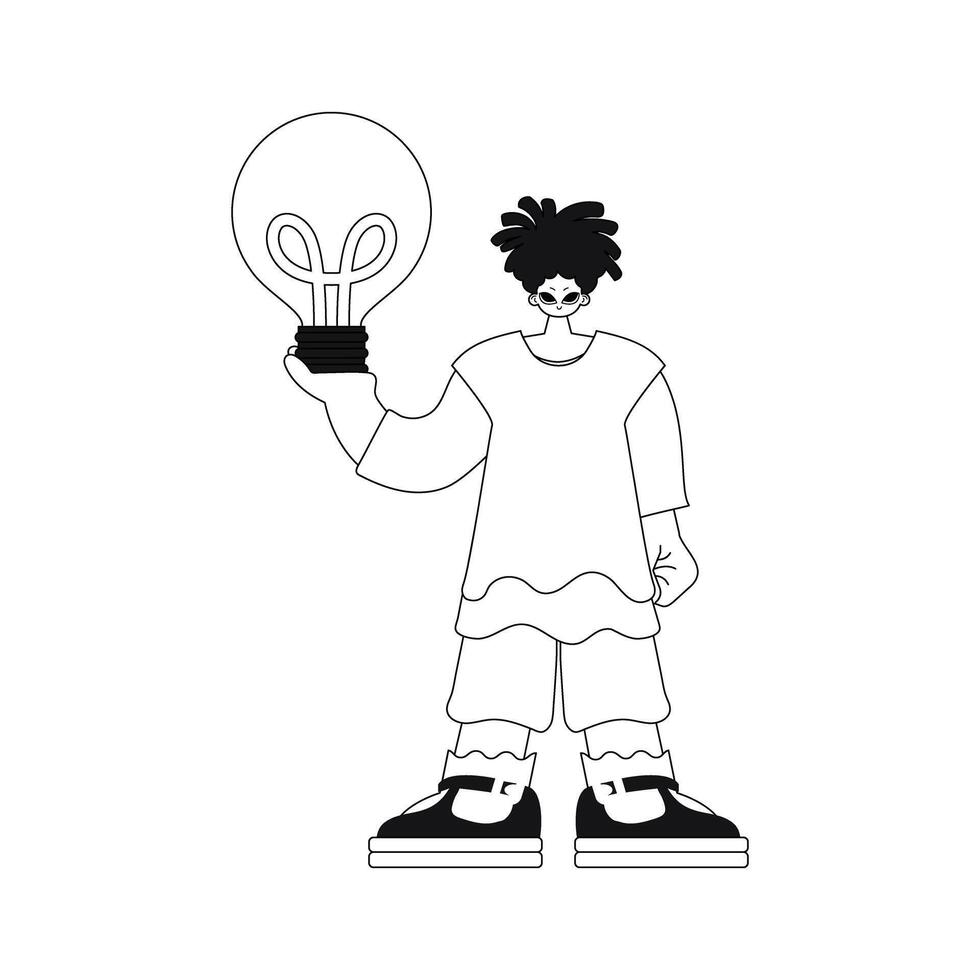 Man holds light bulb in hands concept ideas, linear illustration. . vector