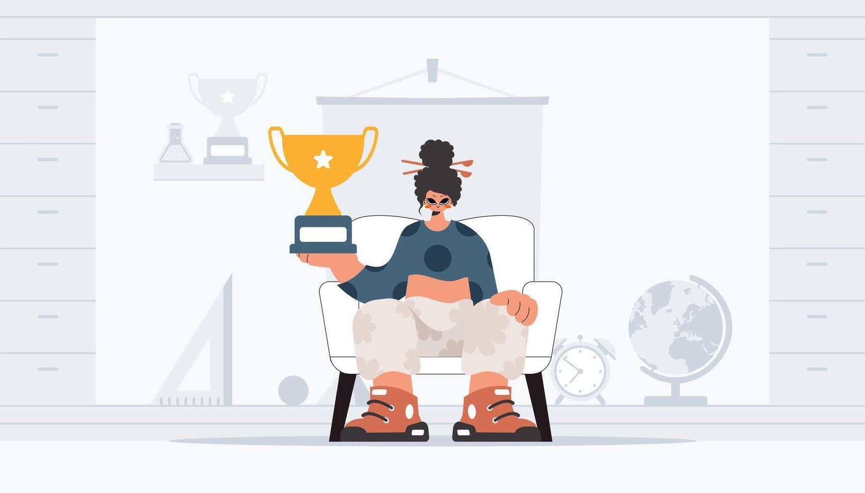 Excited lady holding the winner's holder. Trendy style, Illustration vector