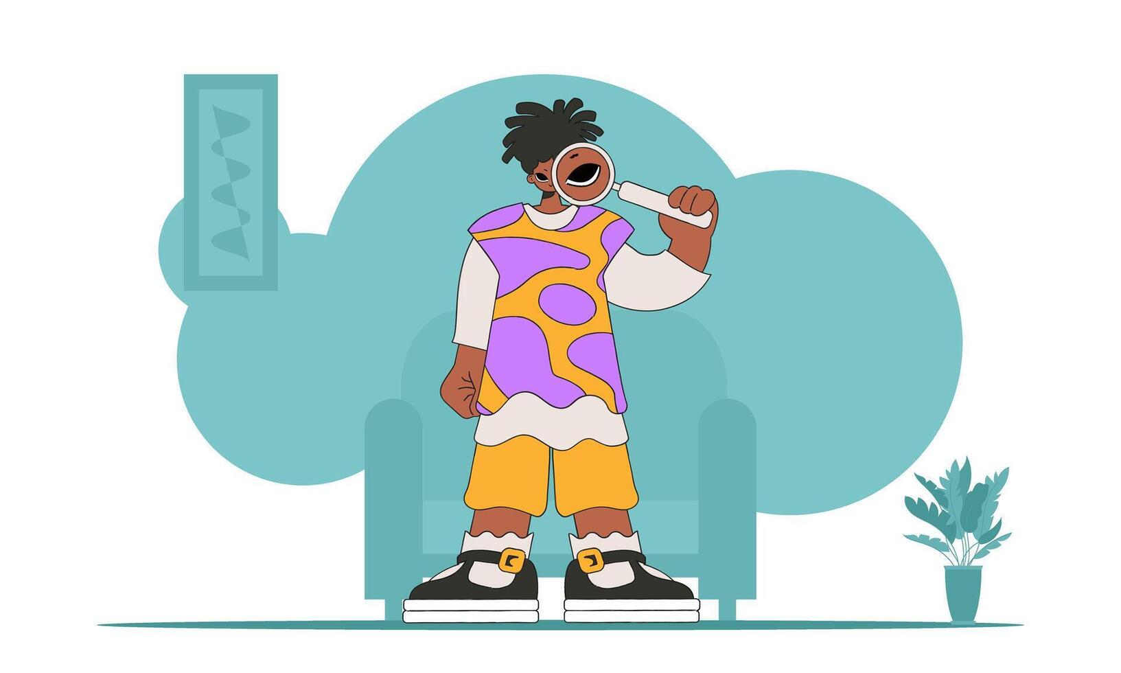 The concept of searching for information. A man holds a magnifying glass in his hands. Retro style character. vector