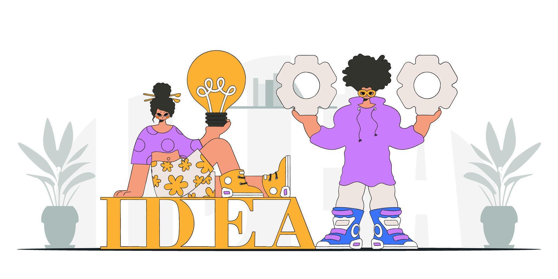 Gorgeous guy and girl solves problems and generates ideas. Light bulb and gears in their hands. Illustration on the theme of the appearance of an idea. vector