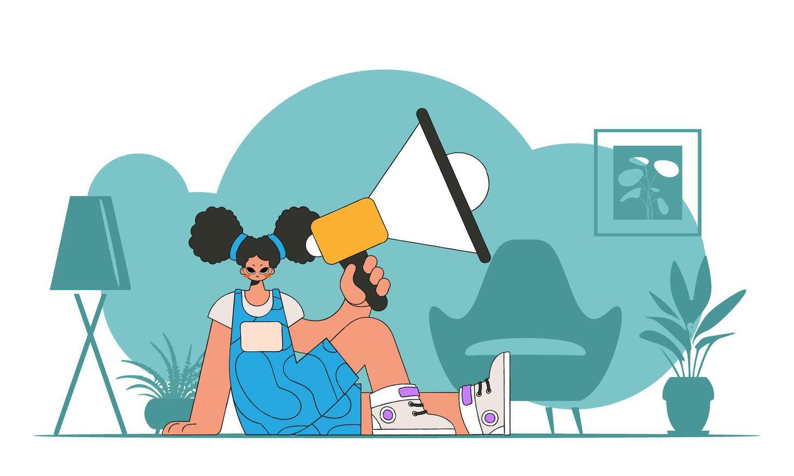 Stylized illustration of a HR representative. A young woman sits on the floor and holds a megaphone. vector