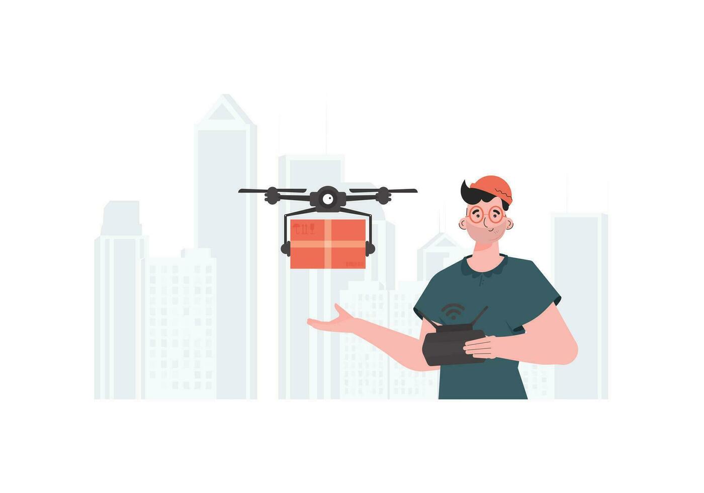 A man controls a quadcopter with a package. Delivery theme. Vector illustration.