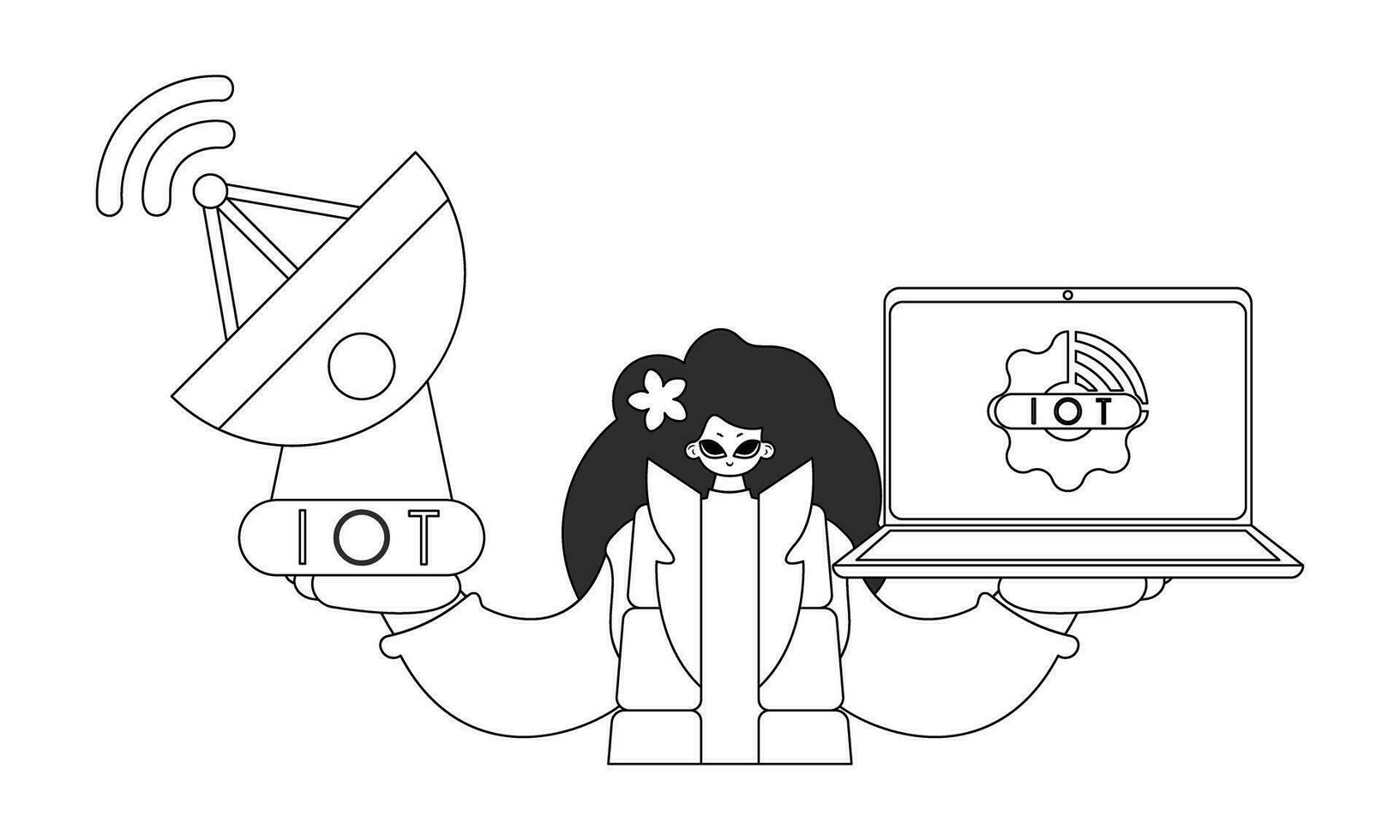 mujer sostiene antena y ordenador portátil a trabajo con iot datos. vector y lineal diseño