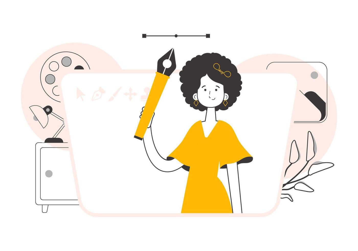 The girl designer holds a pen tool for 2D graphics in her hand. Line art style. Vector. vector