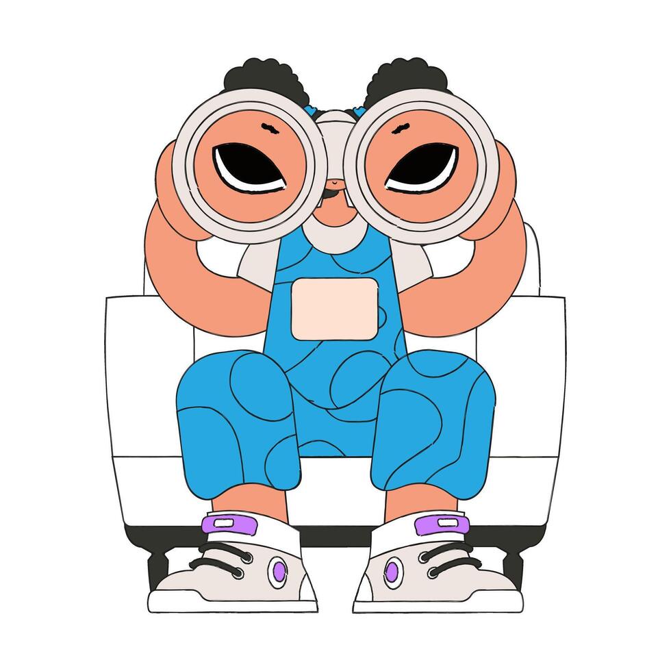 A young girl holds in her hands and looks through binoculars. Looking for a company of first-class employees. vector