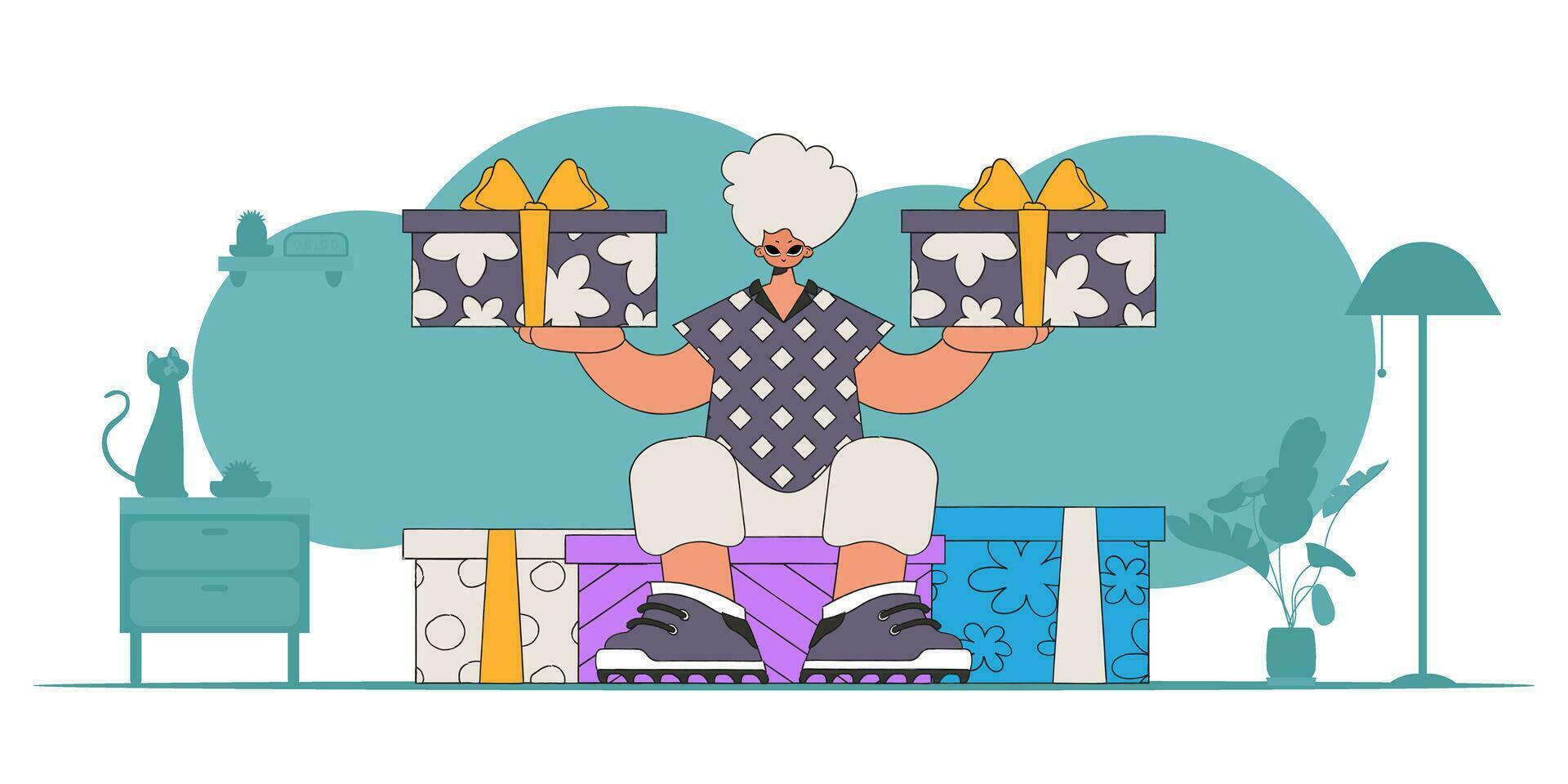 Style 80s and 90s. The guy is holding gifts. A man sits on gift boxes. The concept of the holiday and gifts. vector