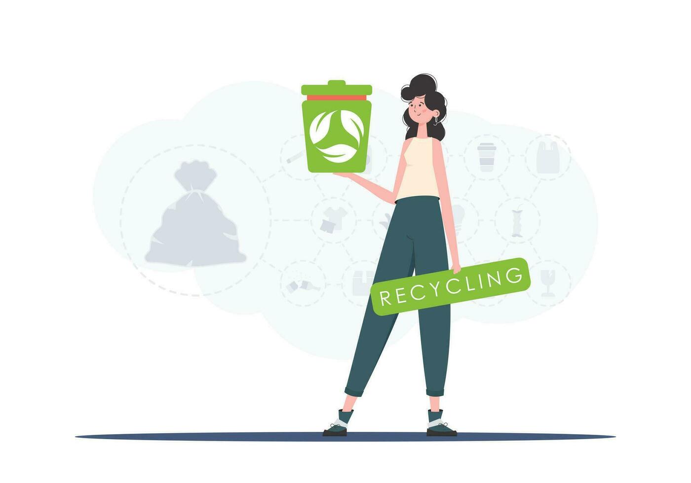 The concept of ecology and recycling. The girl is holding a trash can in her hands. Trendy character style. Vetcor. vector