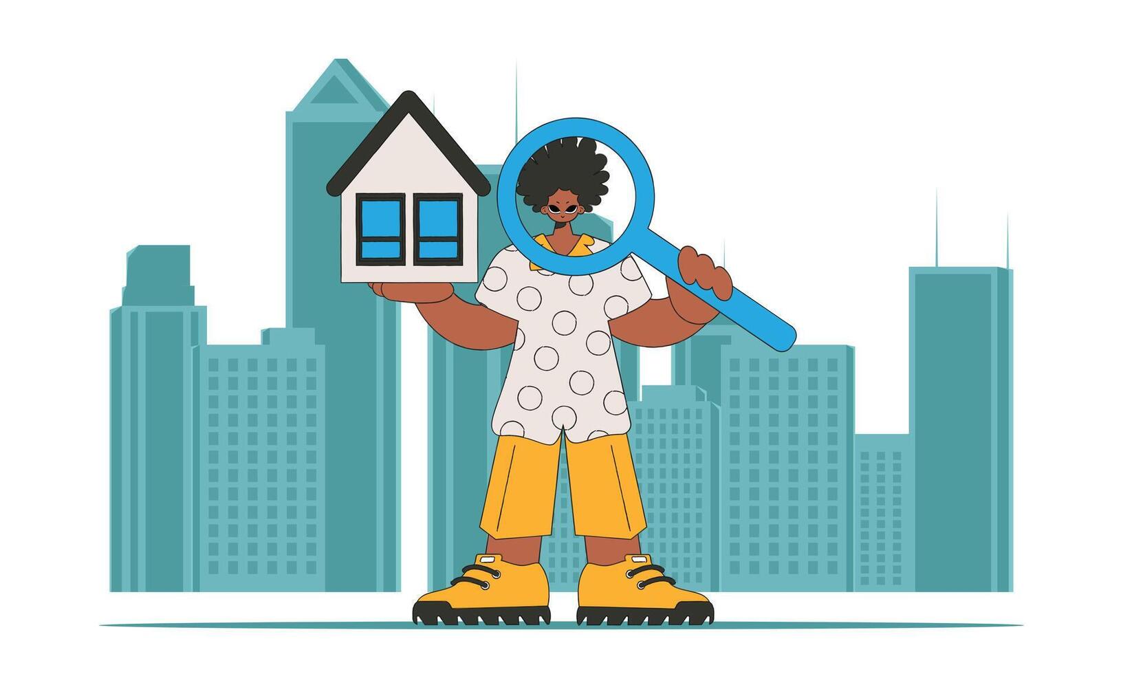 The concept of home ownership. The realtor guy is holding a house. vector