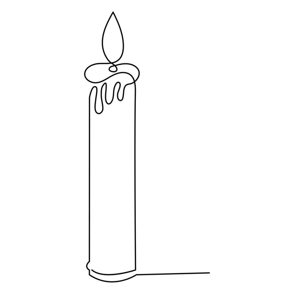 One continuous line drawing of candle lighted and Burning fire and melting candle Light in the dark black outline Vector illustration design