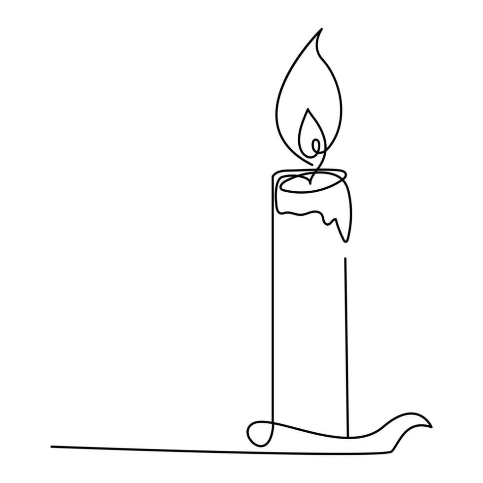 One continuous line drawing of candle lighted and Burning fire and melting candle Light in the dark black outline Vector illustration design