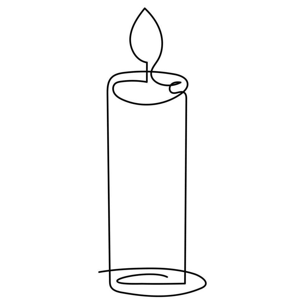 One continuous line drawing of candle lighted and Burning fire and melting candle Light in the dark black outline Vector illustration design
