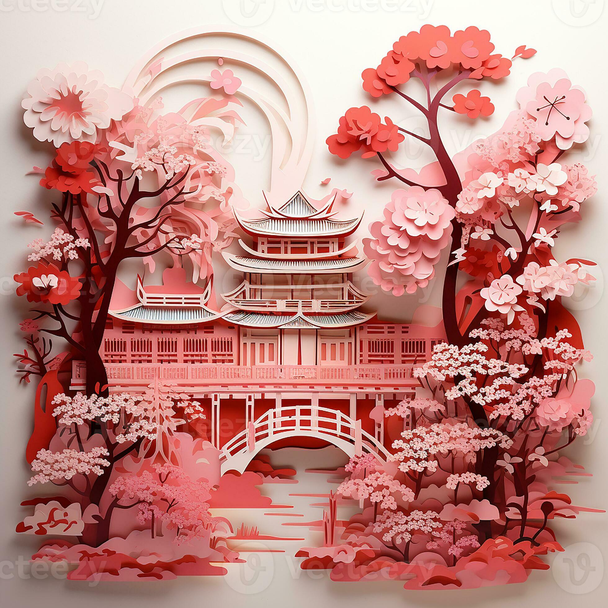 paper cut style, Japanese garden with cherry blossoms
