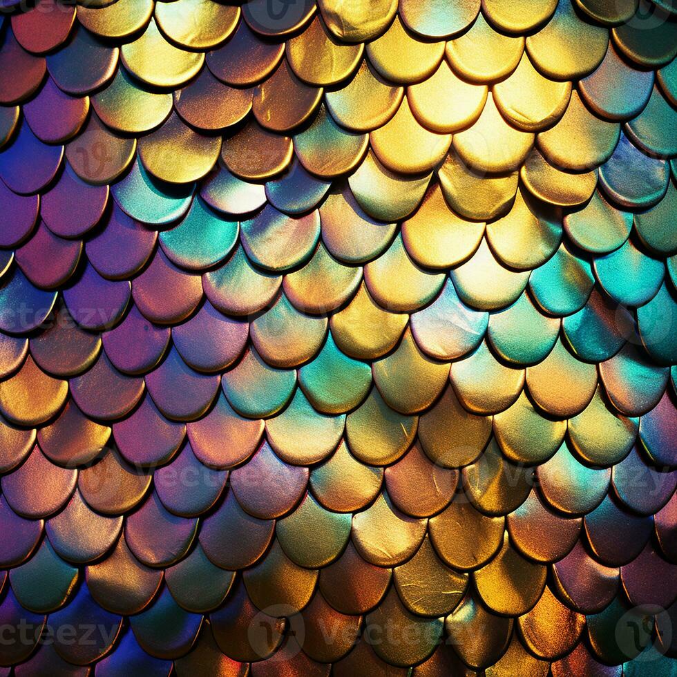 photorealistic background with rainbow fish scales. print with golden iridescent fish scales, a fairy-tale mermaid.  AI generated photo