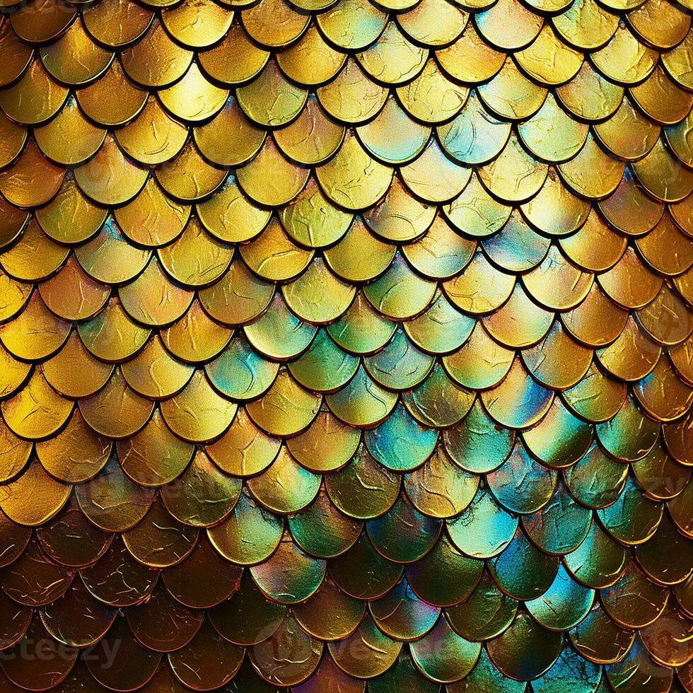 fotorrealista antecedentes con arco iris pescado escamas. impresión con dorado iridiscente pescado escamas, un cuento de hadas sirena. ai generado foto