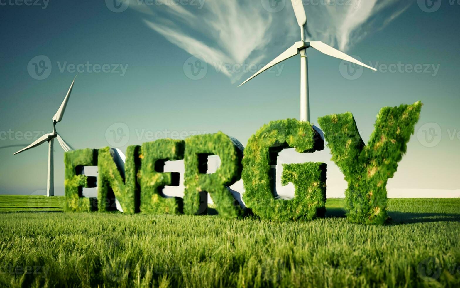 the inscription green energy on a background of green grass. earth day symbol, save the environment, green energy. AI generated photo