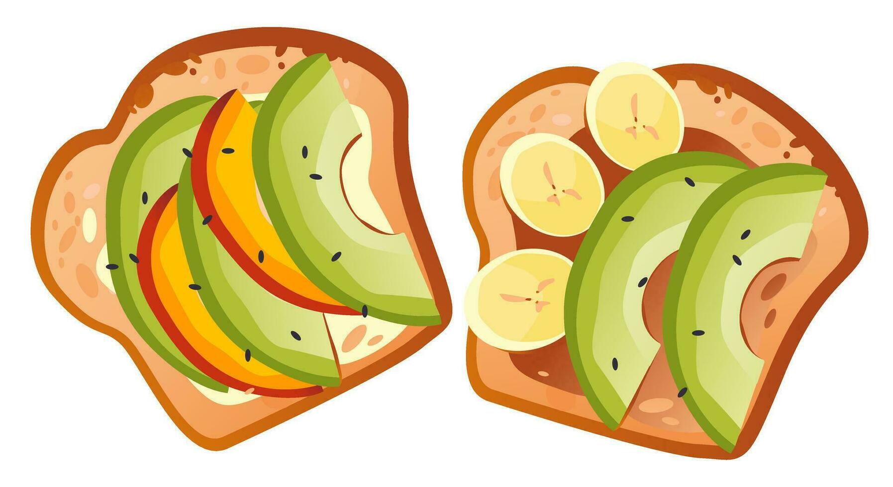 Fruit sandwich. Bread with avocado and bananas. Healthy breakfast. Cartoon vector illustration.